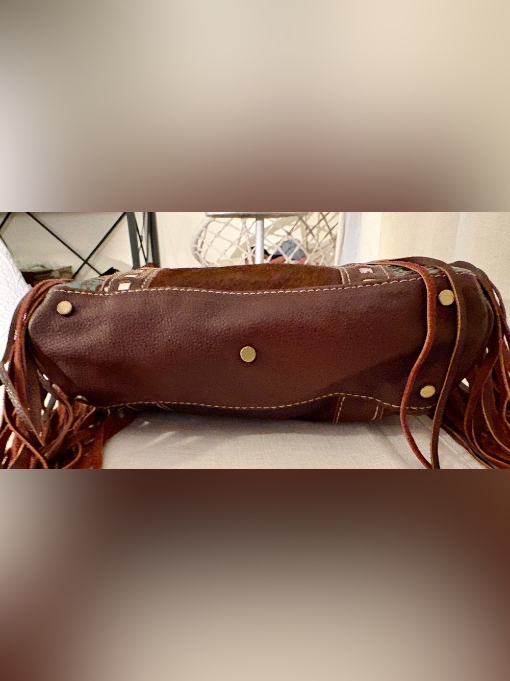 Myra Bag Cowhide Tooled Genui Leather Fringe Satchel Western Boho Bag Purse Med - Picture 10 of 15